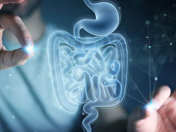 Man on dark background using digital x-ray of human intestine holographic scan projection 3D rendering