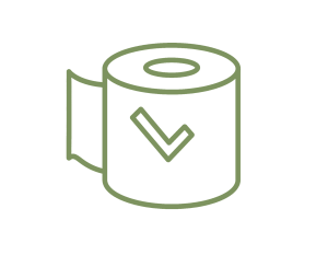 Minimalist monochrome line art icon of a toilet paper roll with a checkmark