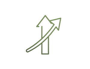 Minimalist monochrome line art icon of an arrow going up, clean white background