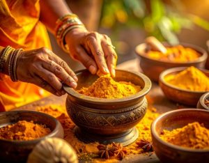 Close-up of an Ayurvedic healer’s hands preparing a turmeric-based remedy