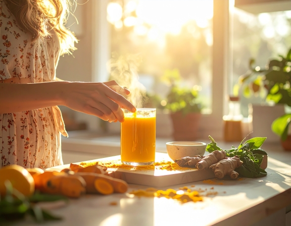 biosolve Personne préparant une boisson infusée au curcuma dans une cuisine ensoleillée, tons chauds, naturel