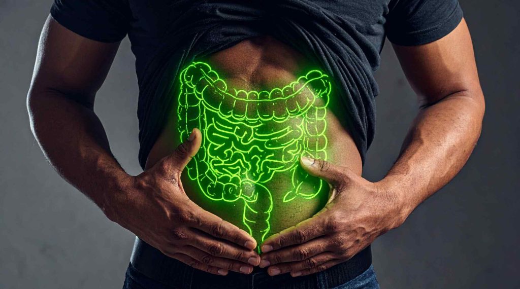Mann mit einem blauen T-Shirt, das die Darmgesundheit mit einer grünen Neonzeichnung zeigt