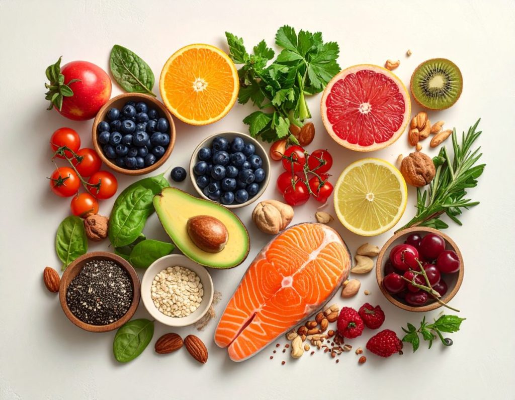 composition of fresh whole foods rich in vitamins and minerals, arranged