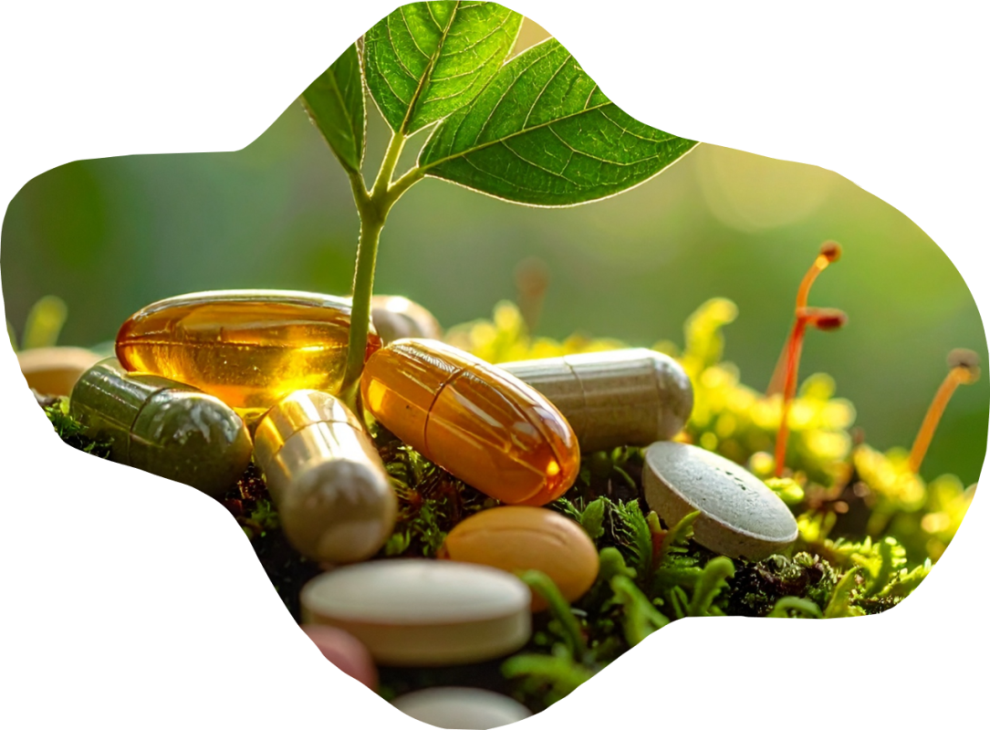 organic vitamins and minerals food supplements in nature with a leaf green background
