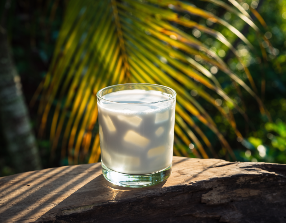 Cocofib prebiotic solubilite_Boisson blanche auf Basis von Kokosplutôt épaisse in einer natürlichen und leuchtenden Atmosphäre