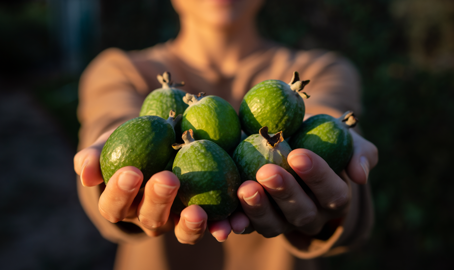 donna con il viso sfocato e il frutto di feijoa in mano