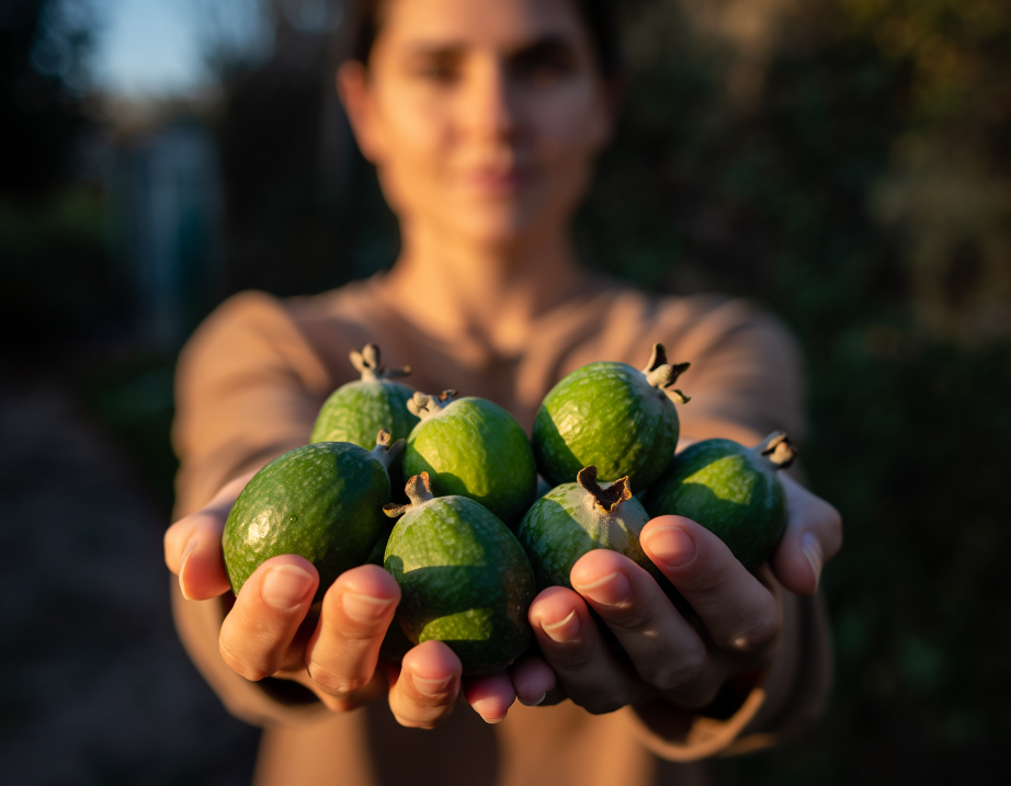 femme au visage flouté avec un fruit de feijoa dans la main