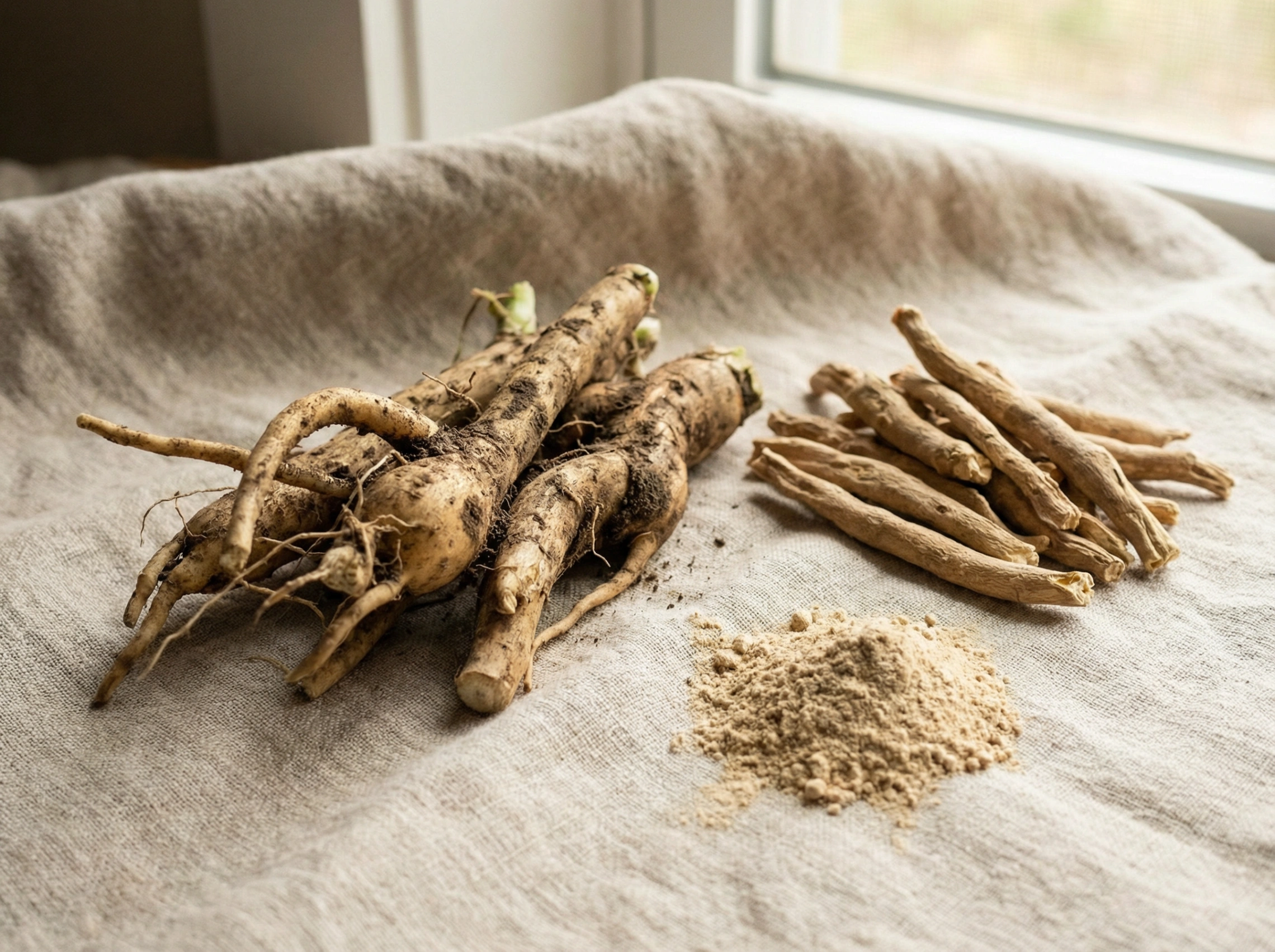ashwagandha roots with a neutral background