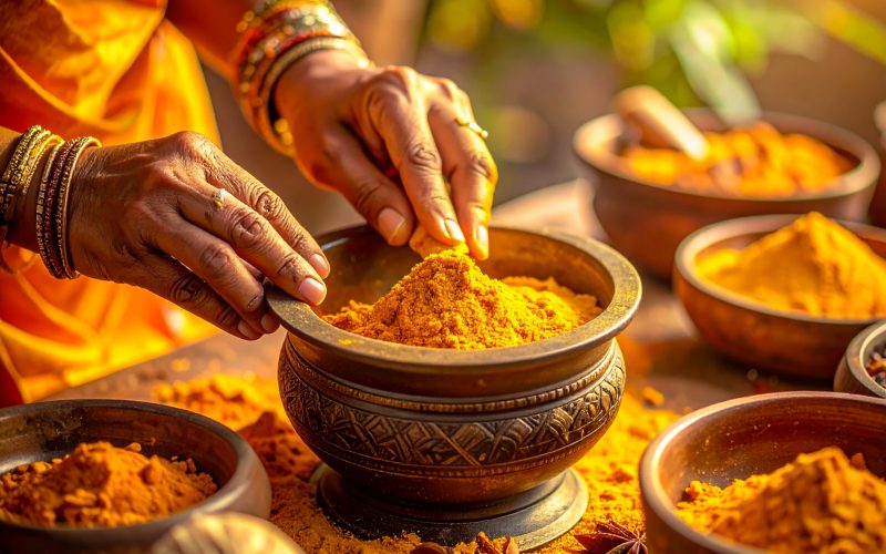 Primo piano di un guaritore ayurvedico curcuma curcumina