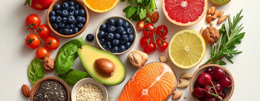 composizione di alimenti freschi integrali ricchi di vitamine e minerali, disposti