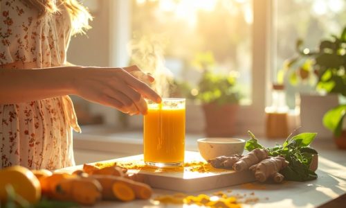biosolve Persona che prepara una bevanda alla curcuma in una cucina illuminata dal sole, toni caldi, naturali