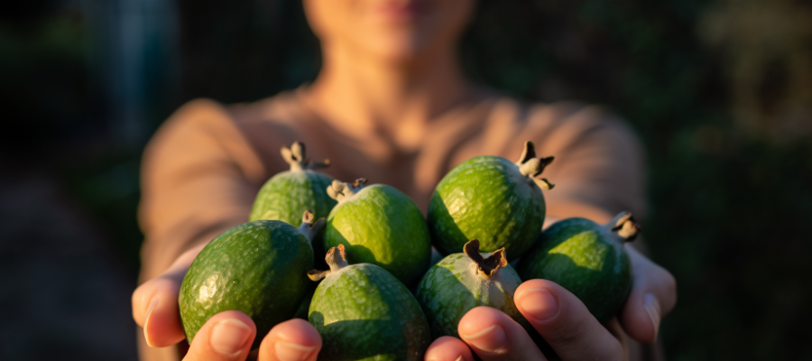 vrouw wazig gezicht met feijoa vrucht in haar hand